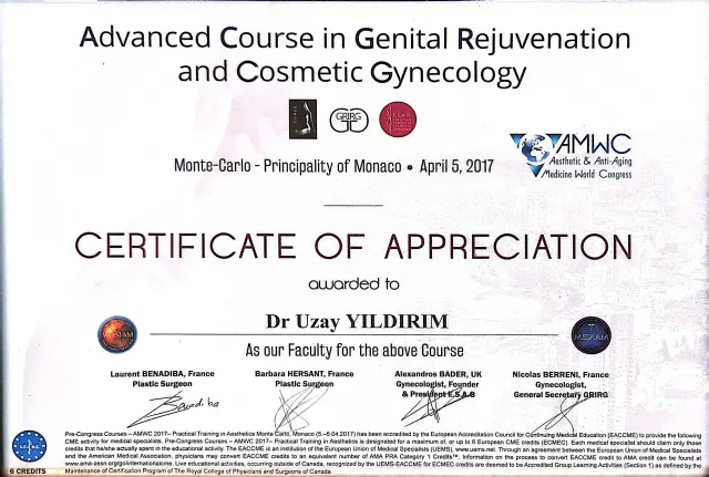 Advanced Course in Genital Rejuvenation and Cosmetic Gynecology – Monte-Carlo, Monako · 5 Nisan 2017 · Eğitmen (Faculty) teşekkür belgesi