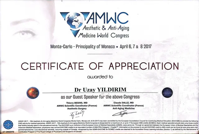 15th Aesthetic & Anti-Aging Medicine World Congress – Monte-Carlo, Monako · 6–8 Nisan 2017 · Konuşmacı (Guest Speaker) teşekkür belgesi
