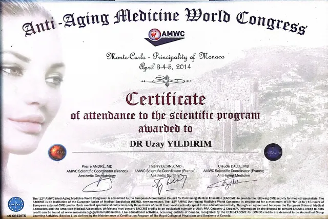 12th Anti-Aging Medicine World Congress – Monte-Carlo, Monako · 3–5 Nisan 2014 · Bilimsel program katılım belgesi