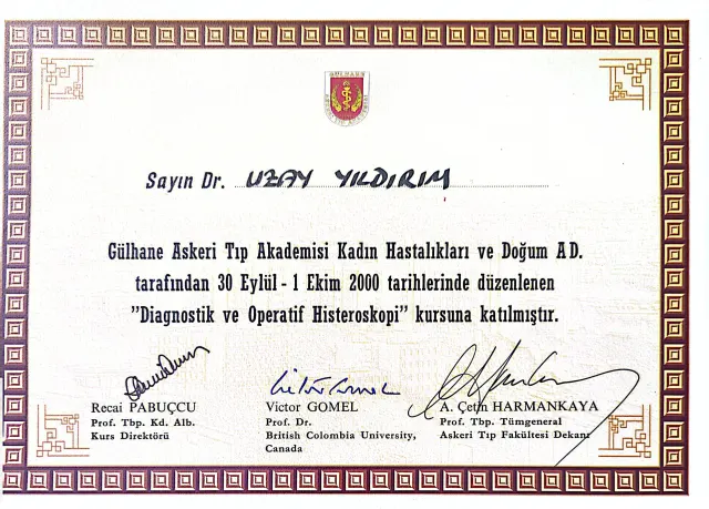 Diagnostik ve Operatif Histeroskopi Kursu – Gülhane Askeri Tıp Akademisi · 30 Eylül – 1 Ekim 2000