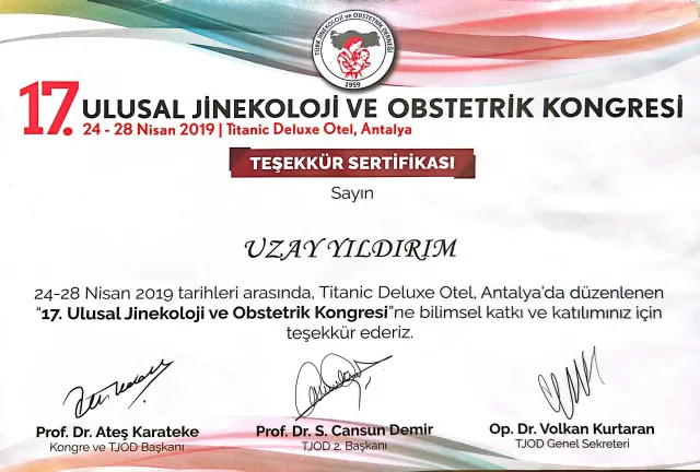 17. Ulusal Jinekoloji ve Obstetrik Kongresi – Antalya · 24–28 Nisan 2019 · Teşekkür sertifikası