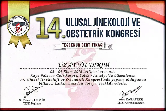 14. Ulusal Jinekoloji ve Obstetrik Kongresi – Belek, Antalya · 5–9 Ekim 2016 · Teşekkür sertifikası