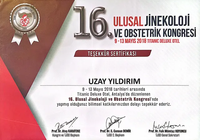 16. Ulusal Jinekoloji ve Obstetrik Kongresi – Antalya · 9–13 Mayıs 2018 · Teşekkür sertifikası